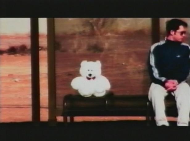 Plush bear on a bus stop bench, Las Vegas