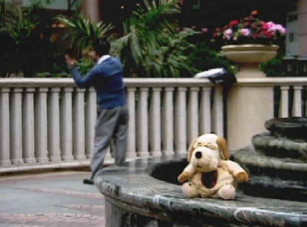 Plush dog at a fountain, Hong Kong
