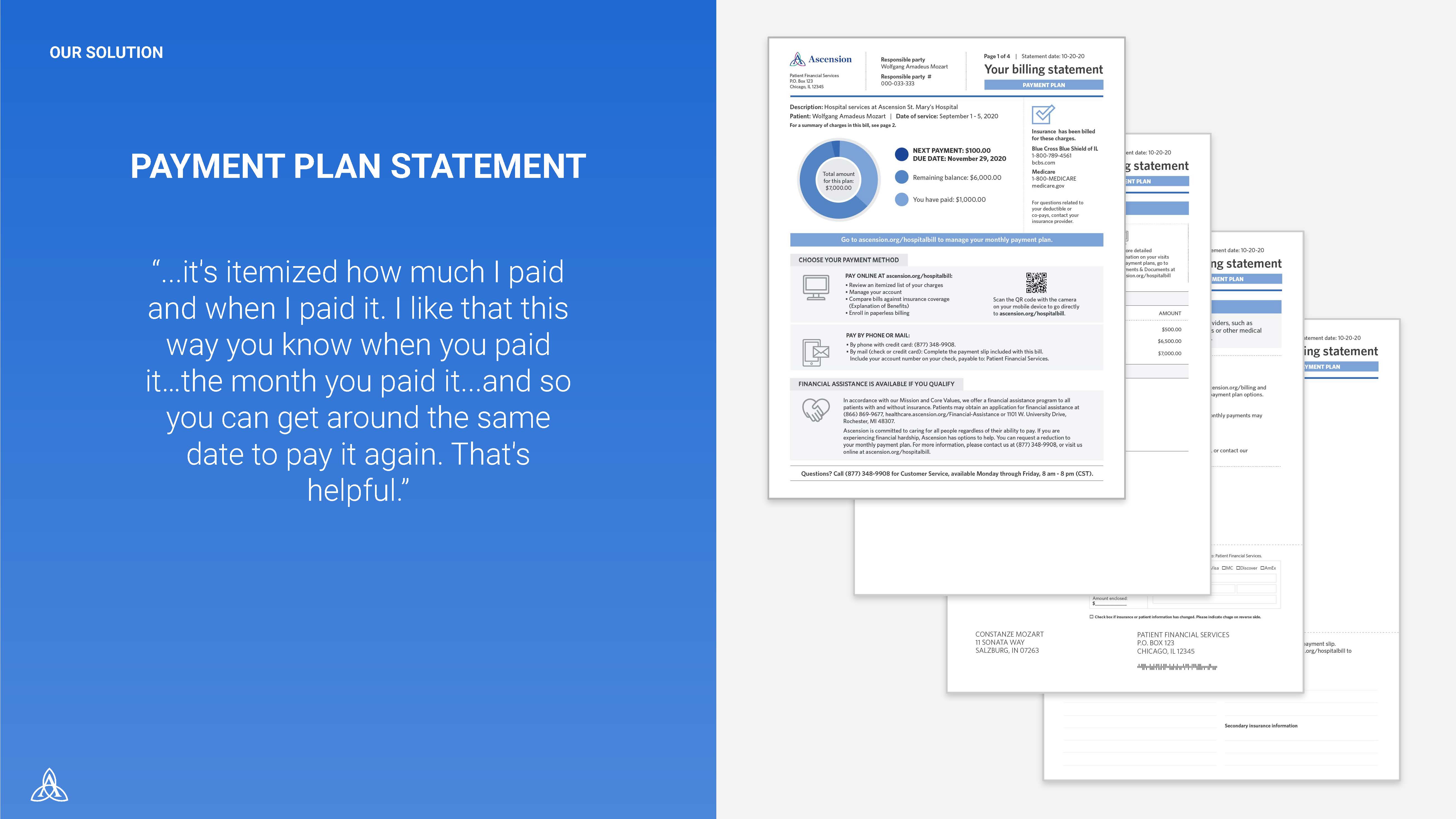 Payment plan statement with consumer quote about itemized payments