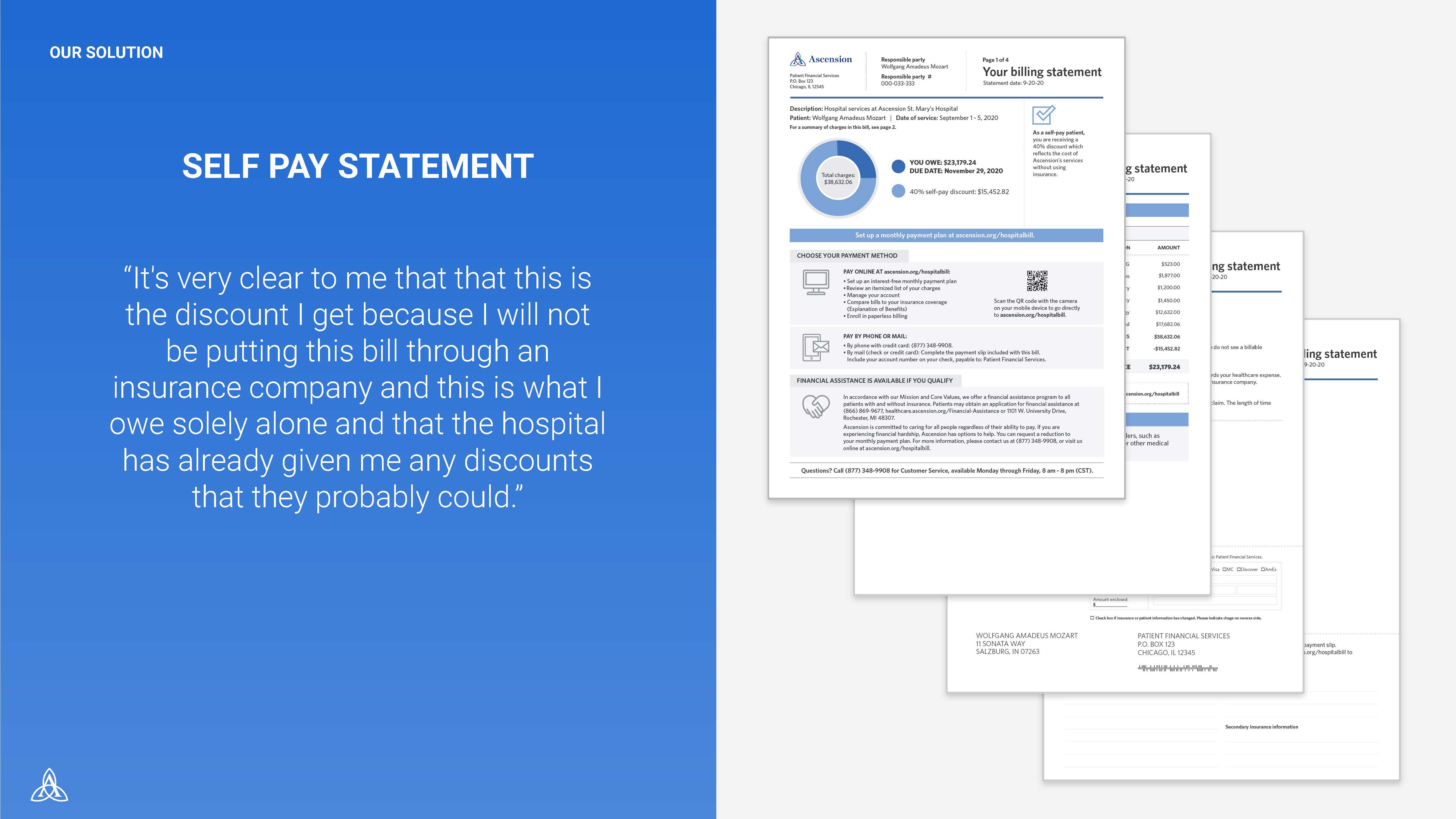 Self pay statement with consumer quote about the self-pay discount being clear