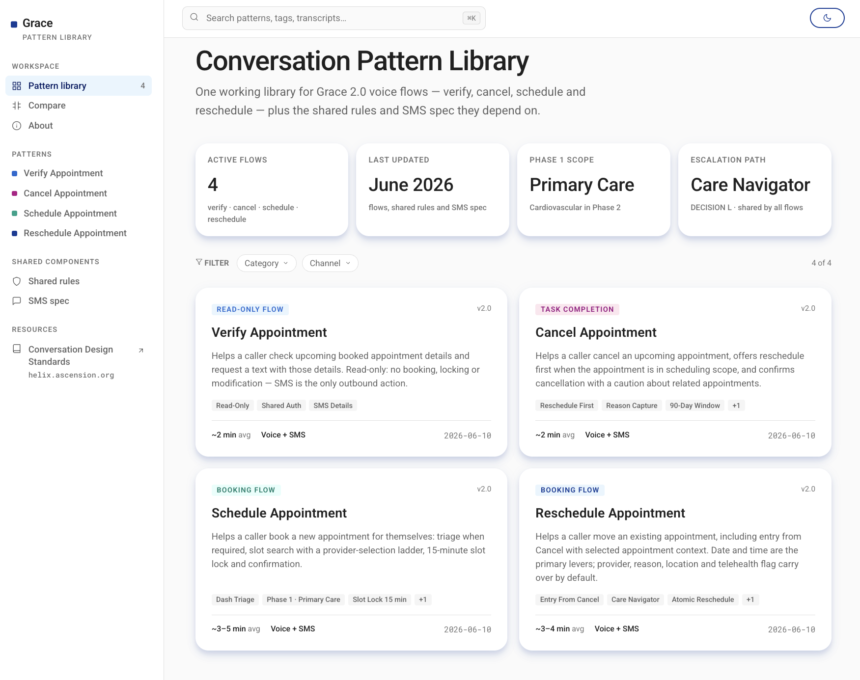 Grace Conversation Pattern Library — interactive component browser